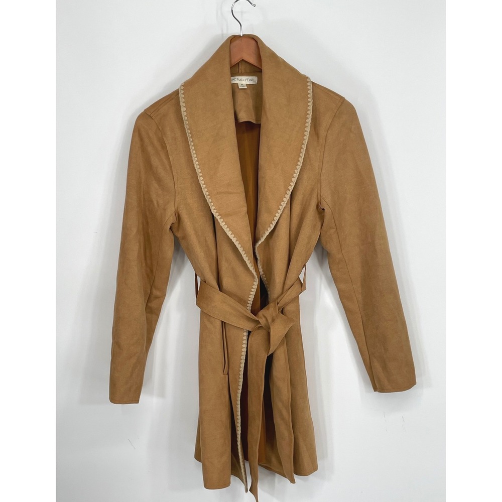 Cactus + Pearl Womens M Wrap Coat Tan Faux Suede Crochet Trim Belted Boho Flair